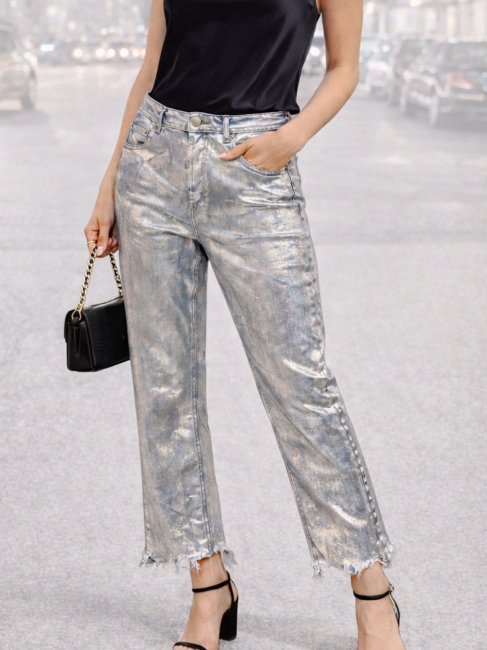 We The Free Metallic Silver Jeans 28 Raw Hem Cropped Straight Leg Festival Y2K